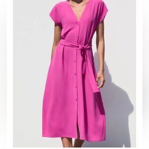 Zara Vibrant Fuchsia Midi Dress with Belt Size Medium